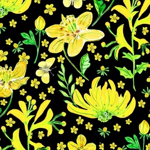 Yellow Floral  "Buttercups on Black Background"
