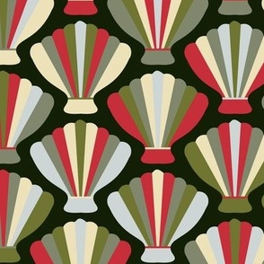 C003-Medium scale sea shells with bold scandi retro shapes in grey, red and green, for coastal inspired Christmas - for wallpaper, pillows, bed linen, table linen and duvet covers