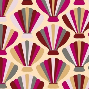 C003-Medium scale sea shells with bold scandi retro shapes in ochre yellow, hot pink, cerise, gray and cream - for wallpaper, pillows, bed linen, table linen and duvet covers