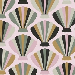 C003-Medium scale sea shells with bold scandi retro shapes in pink, charcoal, grey and mustard- for wallpaper, pillows, bed linen, table linen and duvet covers