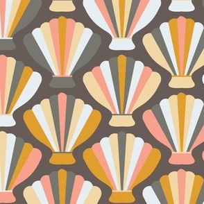 C003-Medium scale sea shells with bold scandi retro shapes in peach, coral, cream and gray - for wallpaper, pillows, bed linen, table linen and duvet covers
