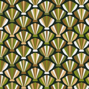 C003-Medium scale Sea shells bold retro graphic medium scale  shapes in earthy tones of seaweed green, conch brown and oyster cream - for wallpaper, pillows, bed linen, table linen and duvet covers