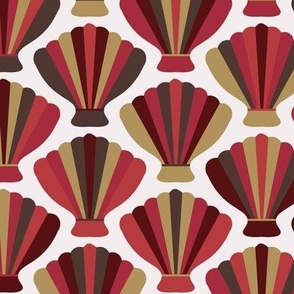 C003-Medium scale sea shells with bold scandi retro shapes in red, burgundy, antique gold and grey - for wallpaper, pillows, bed linen, table linen and duvet covers
