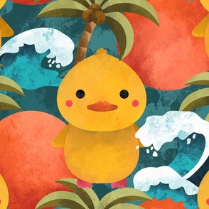 (Large Scale) Cute Maximalist Yellow Duck Coastal Beach Pattern With Ocean Waves And Palm Trees 