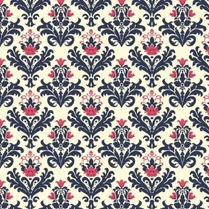 Regal Navy and Coral Damask Pattern