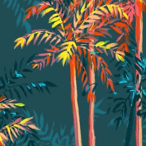 Large Half Drop Painterly Orangey Sunkissed Tropical Palm Tree with Dulux Submarine Teal Green Background