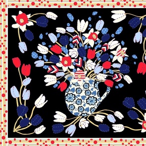 Spring Bouquet Cheater Quilt in Red White and Blue on Black