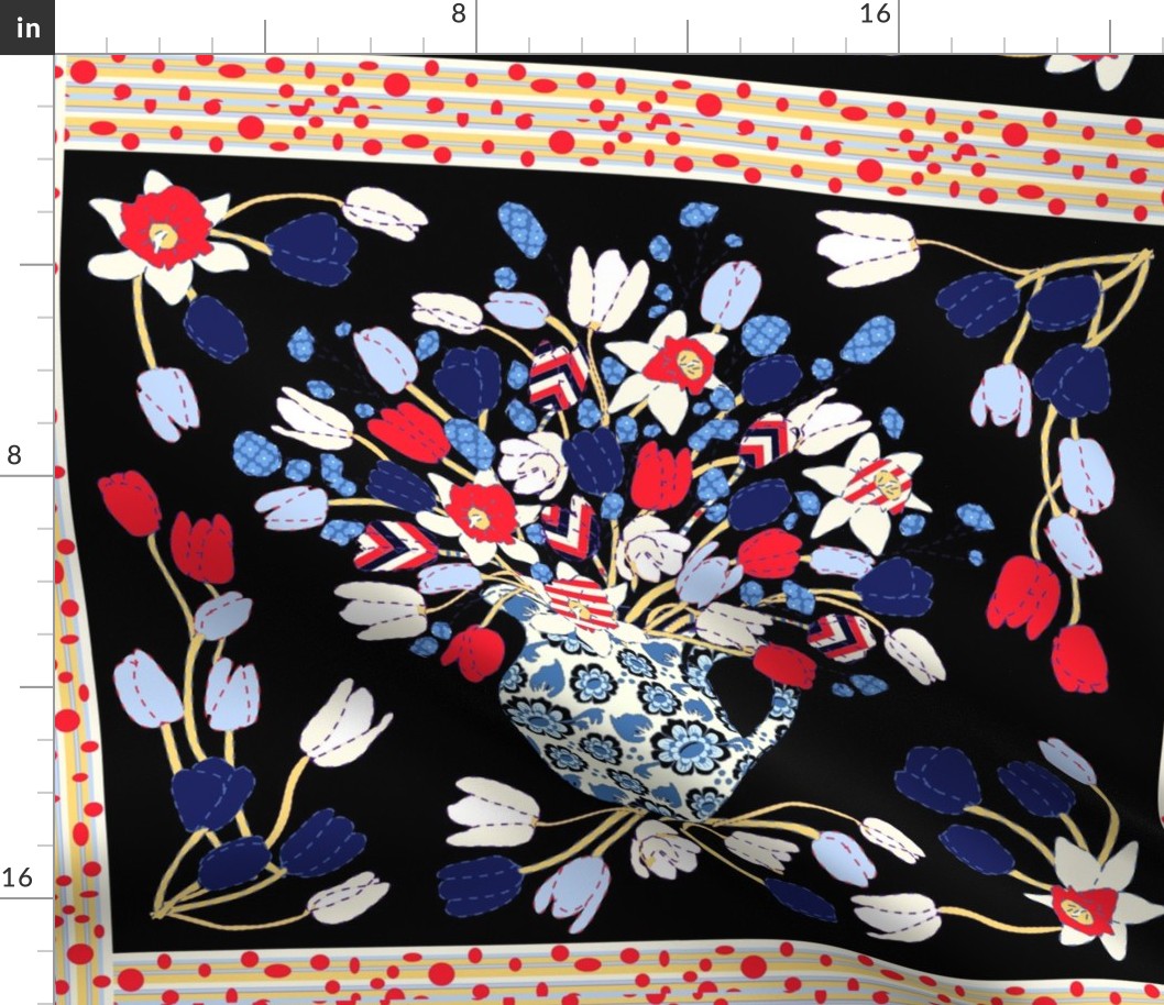 Spring Bouquet Cheater Quilt in Red White and Blue on Black