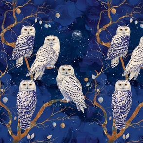 Snowy Night Owl Adult Females on a Moonlit Night In Tree Branches