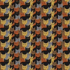 Knit cats in grey, orange tabby, black, tiger yellow and brown