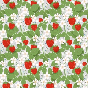 Cute strawberry pattern. Red strawberries with white and pink flowers on a light grey polka dot background.