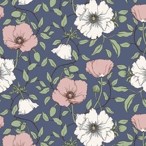 Dusty Pink Poppies and White Anemones on a dark blue background, SMALLER