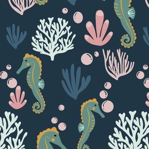Sea horse (Large) and coral in blue and green