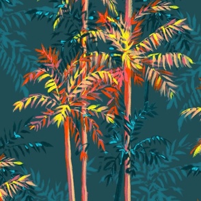 Medium Half Drop Painterly Orangey Sunkissed Tropical Palm Tree with Dulux Submarine Teal Green Background