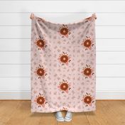 pastel peach shadows floral bouquet with berries on pink background 