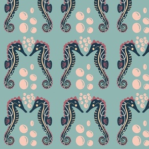 Symmetrical Sea horse (Large) and coral in blue and green