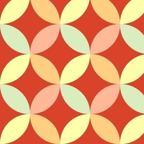 Retro Petal Circle Pattern with Pastel Colours and a Bold Red Background