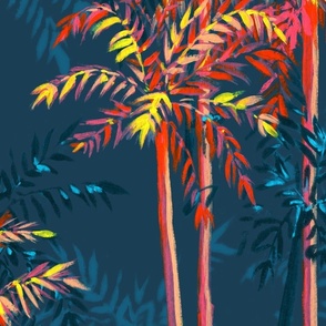 Large Half Drop Painterly Orangey Sunkissed Tropical Palm Tree with Dark Cerulean Blue Background