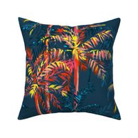 Medium Half Drop Painterly Orangey Sunkissed Tropical Palm Tree with Dark Cerulean Blue Background