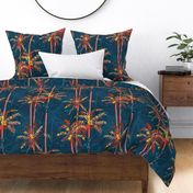 Medium Half Drop Painterly Orangey Sunkissed Tropical Palm Tree with Dark Cerulean Blue Background