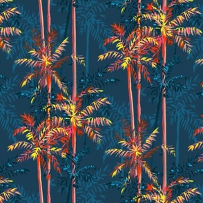 Small Half Drop Painterly Orangey Sunkissed Tropical Palm Tree with Dark Cerulean Blue Background