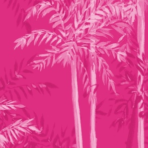 Large Half Drop Painterly Monochrome Palm Trees in Pink Hues with Hot Pink Background