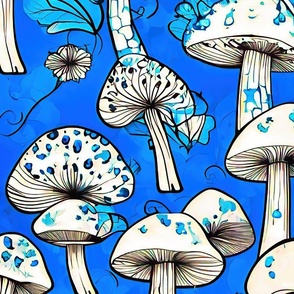 Bright blue background and white mushrooms with blue dots