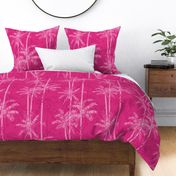 Medium Half Drop Painterly Monochrome Palm Trees in Pink Hues with Hot Pink Background