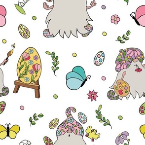 Easter gnomes, chickens, eggs, butterflies, flowers and leaves on white background. Spring design.