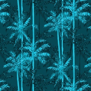 Small Half Drop Painterly Monochrome Palm Trees in Teal Hues with Dark Teal Background