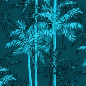 Medium Half Drop Painterly Monochrome Palm Trees in Teal Hues with Dark Teal Background