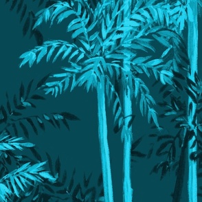 Large Half Drop Painterly Monochrome Palm Trees in Teal Hues with Dark Teal Background