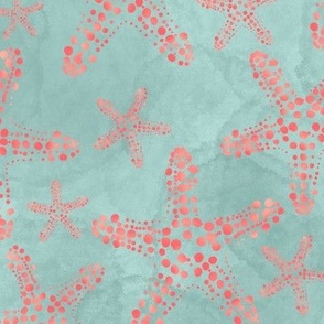 12” repeat Dotty peachy starfish fresco at the beach, painterly abstract on light verdigris turquoise