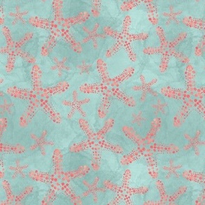 6” repeat Dotty peachy starfish fresco at the beach, painterly abstract on light verdigris turquoise