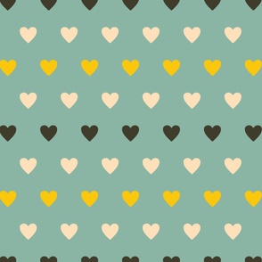 Beige-dark-grey-bold-retro-yellow-hearts-in-rows-on-soft-vintage-blue-XL-jumbo