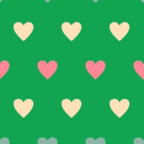 Beige-faded-blue-soft-pink-hearts-in-rows-on-retro-grass-green-XL-jumbo