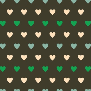 Beige-soft-blue-bold-retro-green-hearts-in-rows-on-dark-gray-XL-jumbo