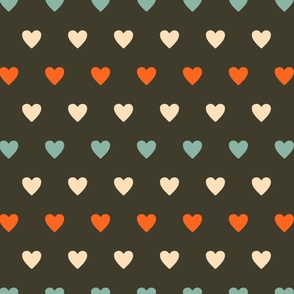 Beige-soft-blue-bold-orange-hearts-in-rows-on-dark-gray-XL-jumbo
