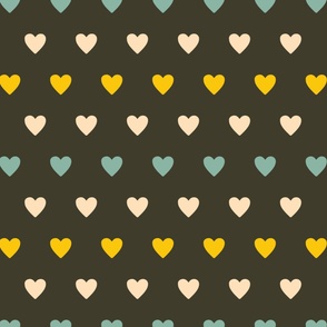 Beige-soft-blue-bold-retro-yellow-hearts-in-rows-on-dark-gray-XL-jumbo