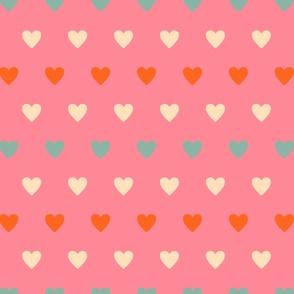 Beige-soft-blue-bold-orange-hearts-in-rows-on-soft-vintage-pink-XL-jumbo