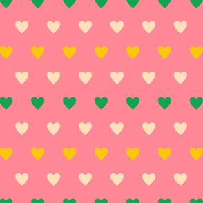 Beige-bold-green-retro-yellow-hearts-in-rows-on-vintage-soft-pink-XL-jumbo