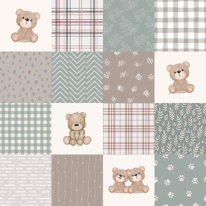 Green Teddy Bear cheater quilt patchwork teddy bear sage green nursery plaid bear paw muted green teddies baby quilt 