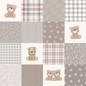 Neutral Teddy Bear cheater quilt for neutral nursery decor modern plaid baby quilt fabric taupe teddy bear gray fabric 