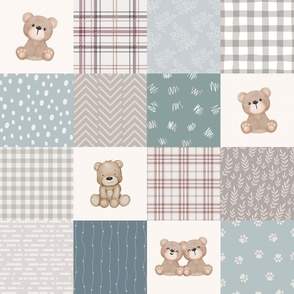 Blue Teddy Bear cheater quilt baby boy nursery decor muted blue plaid neutral Teddy bear patchwork fabric 