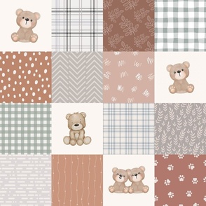 Earth tone Teddy Bear cheater quilt neutral nursery decor neutral baby patchwork teddy bear burnt orange baby fabric earth tone