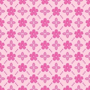 Geometrical sakura flowers on pink background/ block print inspired
