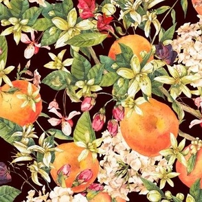 Watercolor Orange Fruit and Wildflowers on Black