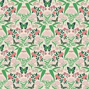 (S) Vintage Butterfly Garden - hand drawn Arts and Crafts style butterflies and flowers - Green and Pink