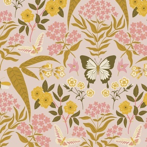 (L) Vintage Butterfly Garden - hand drawn Arts and Crafts style butterflies and flowers - Mustard and Pink
