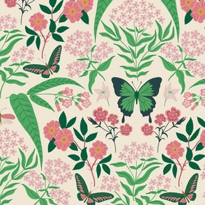 (L) Vintage Butterfly Garden - hand drawn Arts and Crafts style butterflies and flowers - Green and Pink